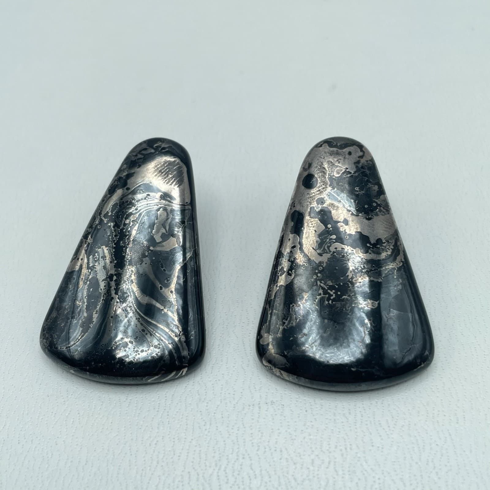 Vintage 90s Black Silver Marble Dangle Earrings Retro Statement Abstract Jewelry - Image 1