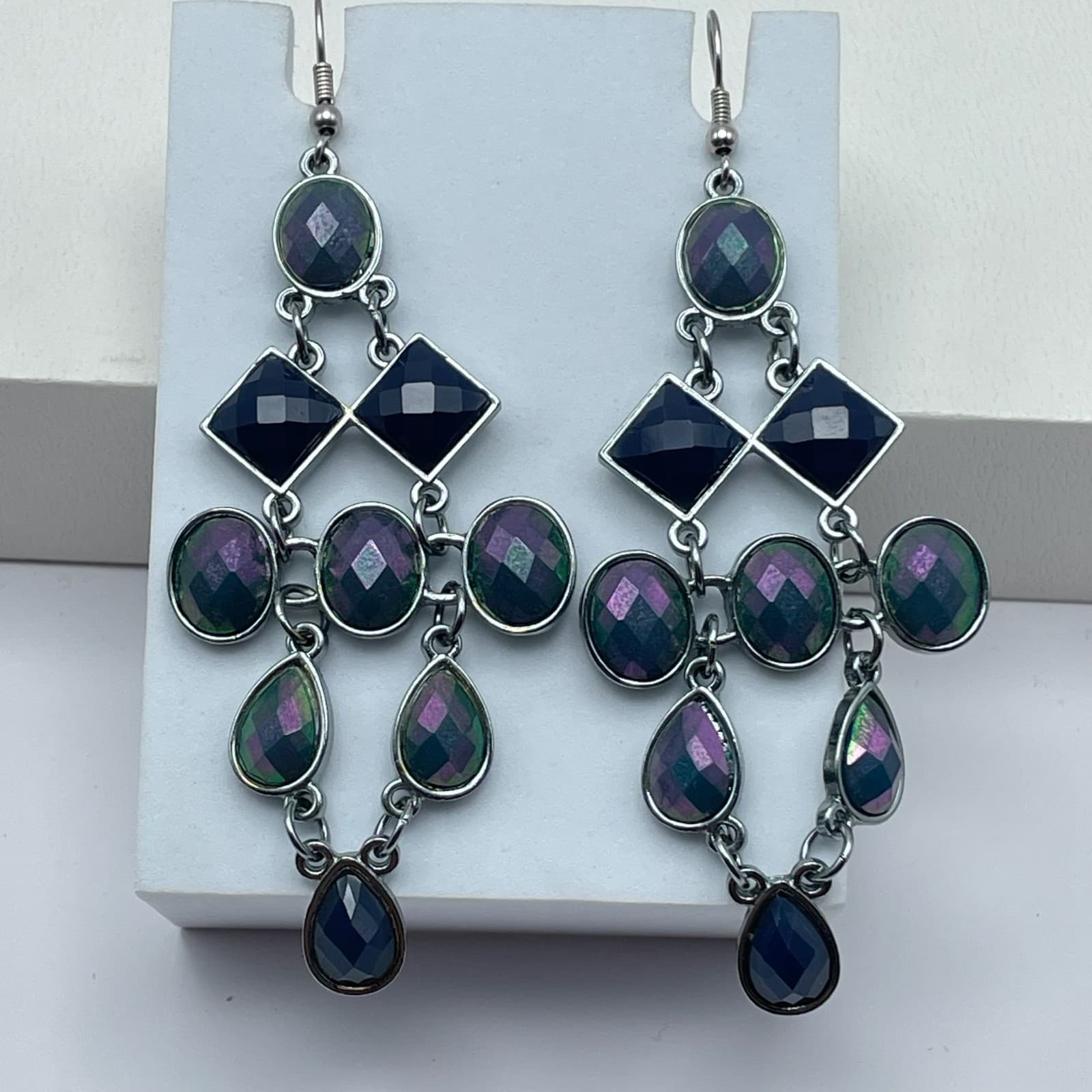 Vintage 90s Geometric Chandelier Dangle Earrings Iridescent Women's Jewelry - Image 1