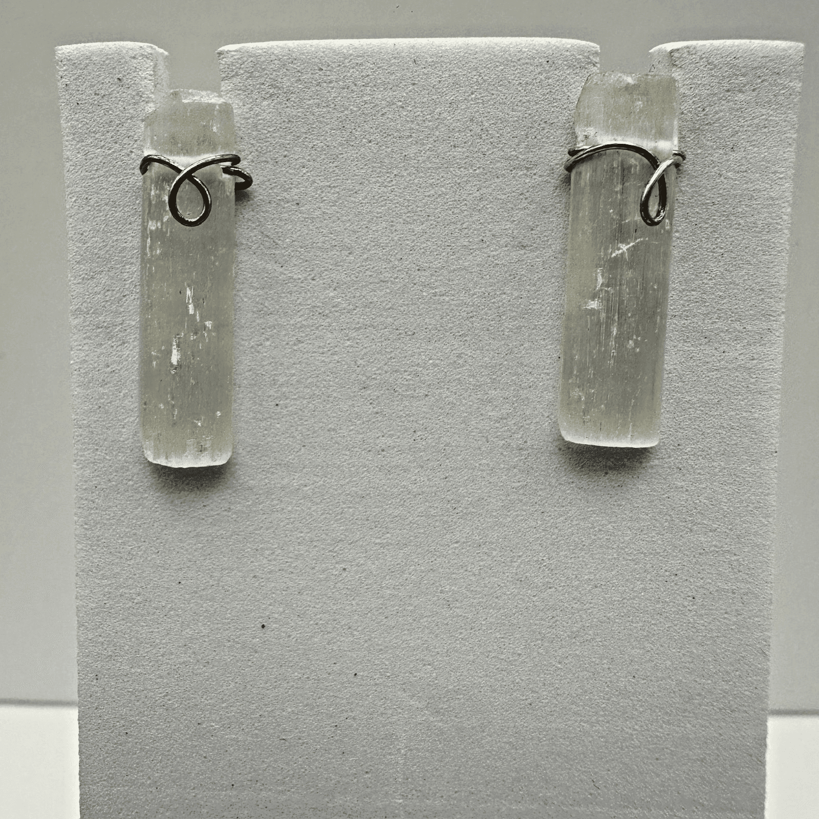 Vintage 80s Raw Selenite Crystal Stud Earrings Silver Tone Wire Wrapped Witchy - Image 1