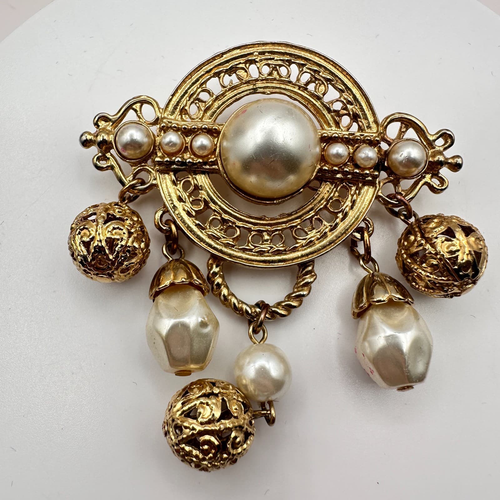 Vintage 80s Women Brooch Gold Tone White Beaded Jewelry - Image 1