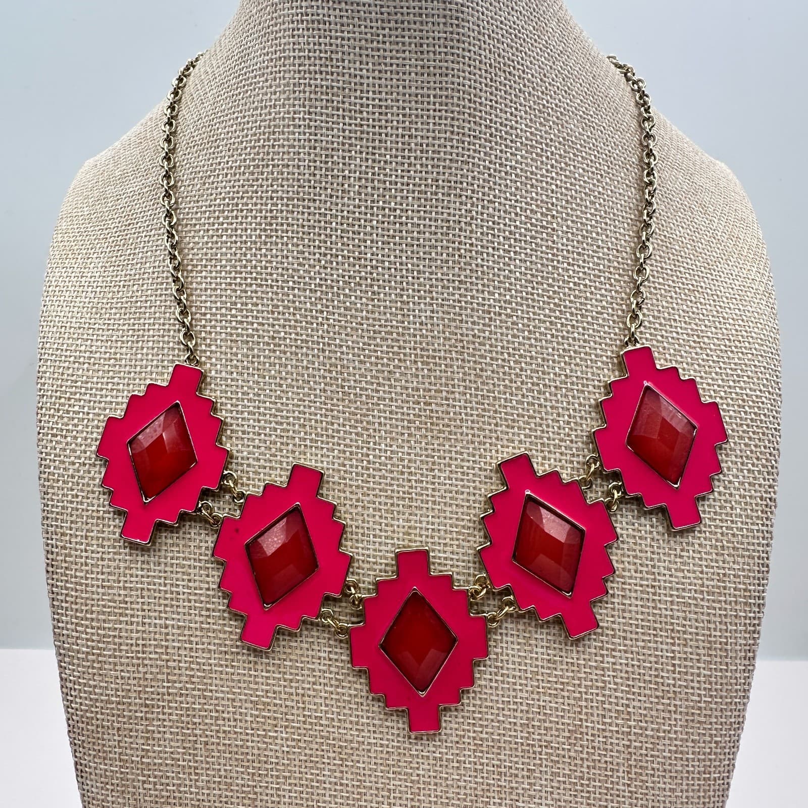 Vintage Y2K Pink Enamel Frames Red Glass Statement Necklace Gold Tone Jewelry - Image 1