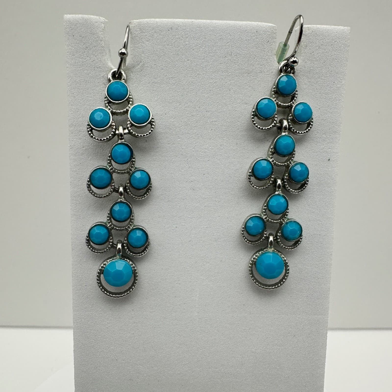 Vintage 90s Boho Silver Tone Turquoise Blue Beaded Tiered Dangle Drop Earrings - Image 1