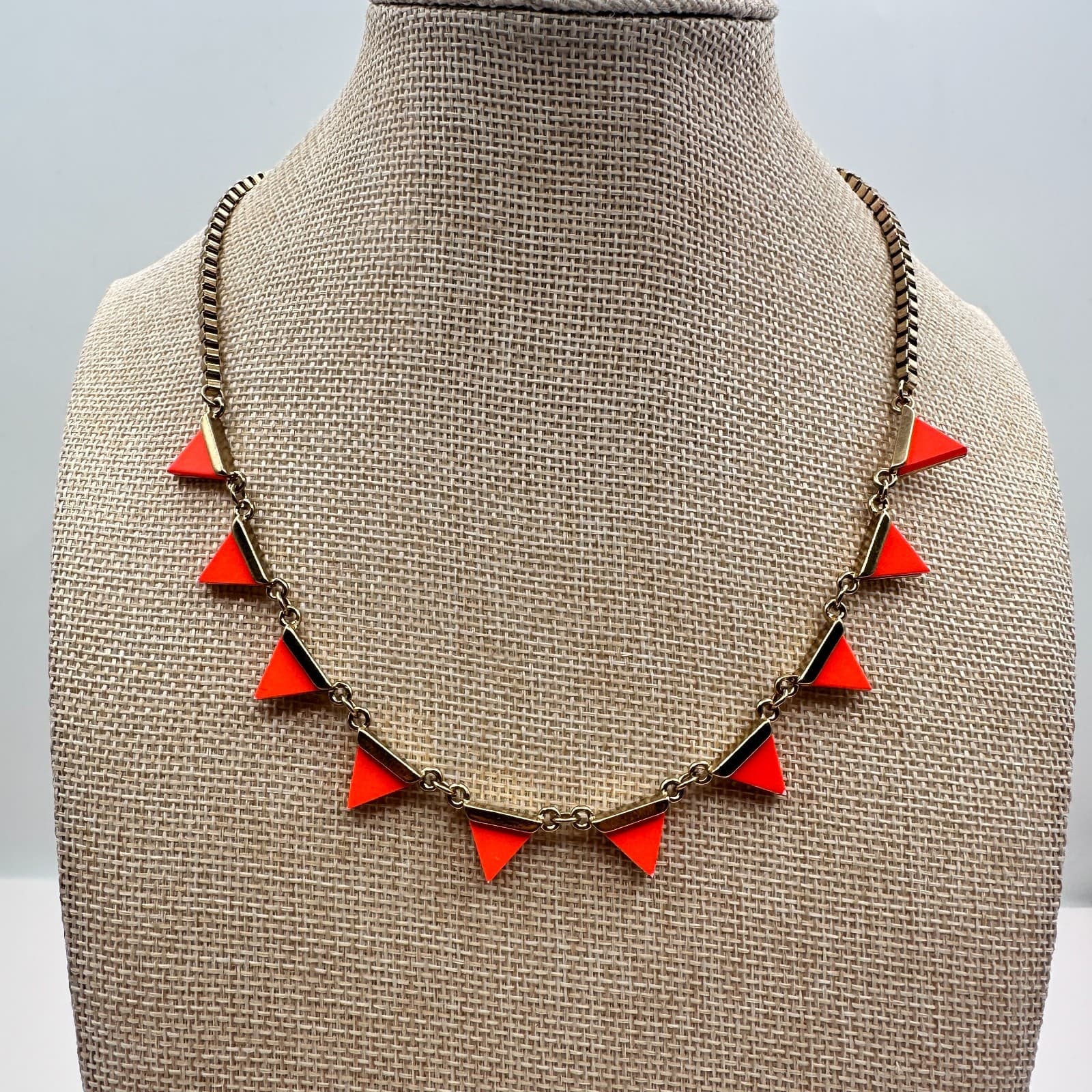 Vintage 90s Gold Tone Neon Orange Enamel Triangle Necklace Statement Jewelry - Image 1