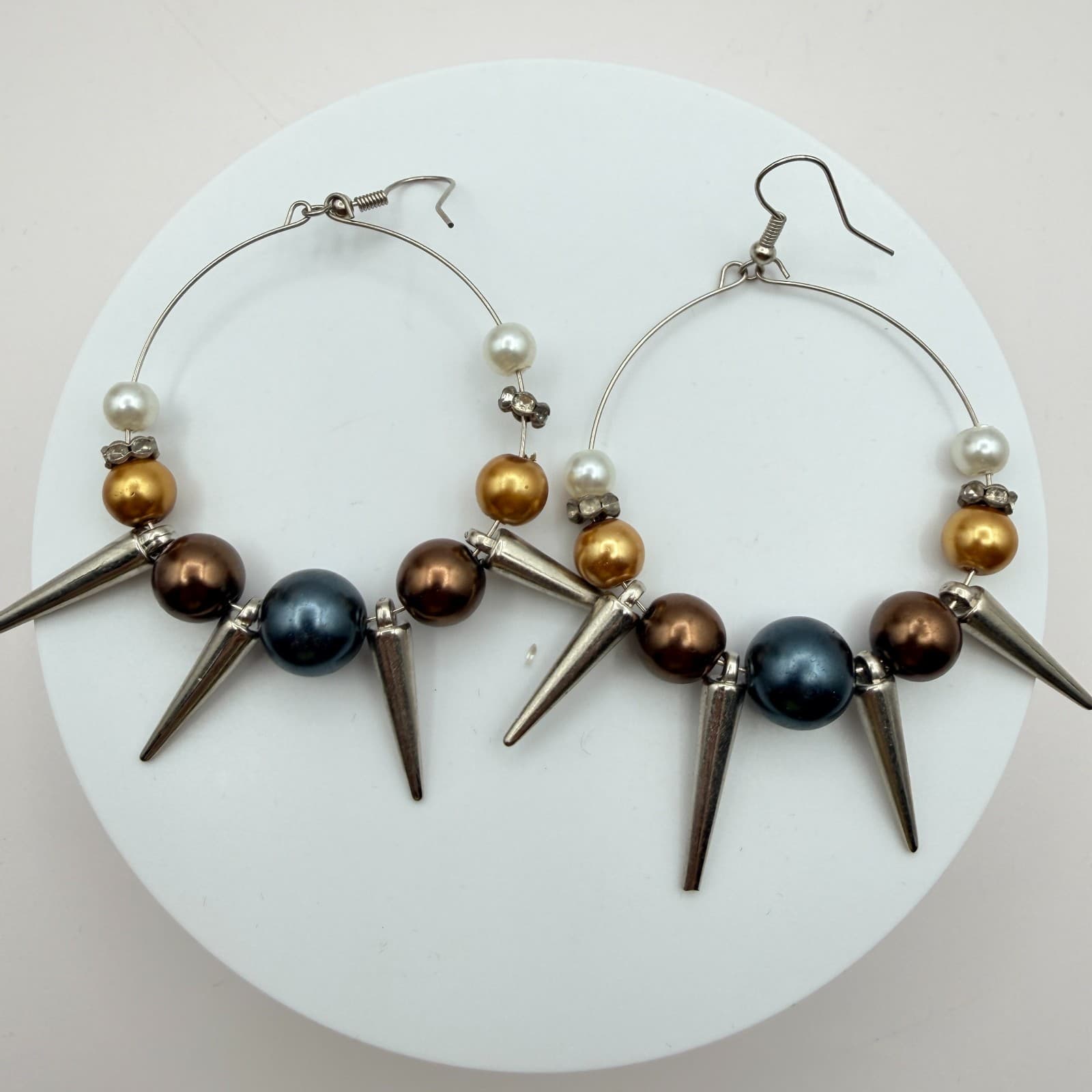 Vintage Y2K Faux Pearl Beaded Spike Hoop Earrings Women's Classic Jewelry - Image 1