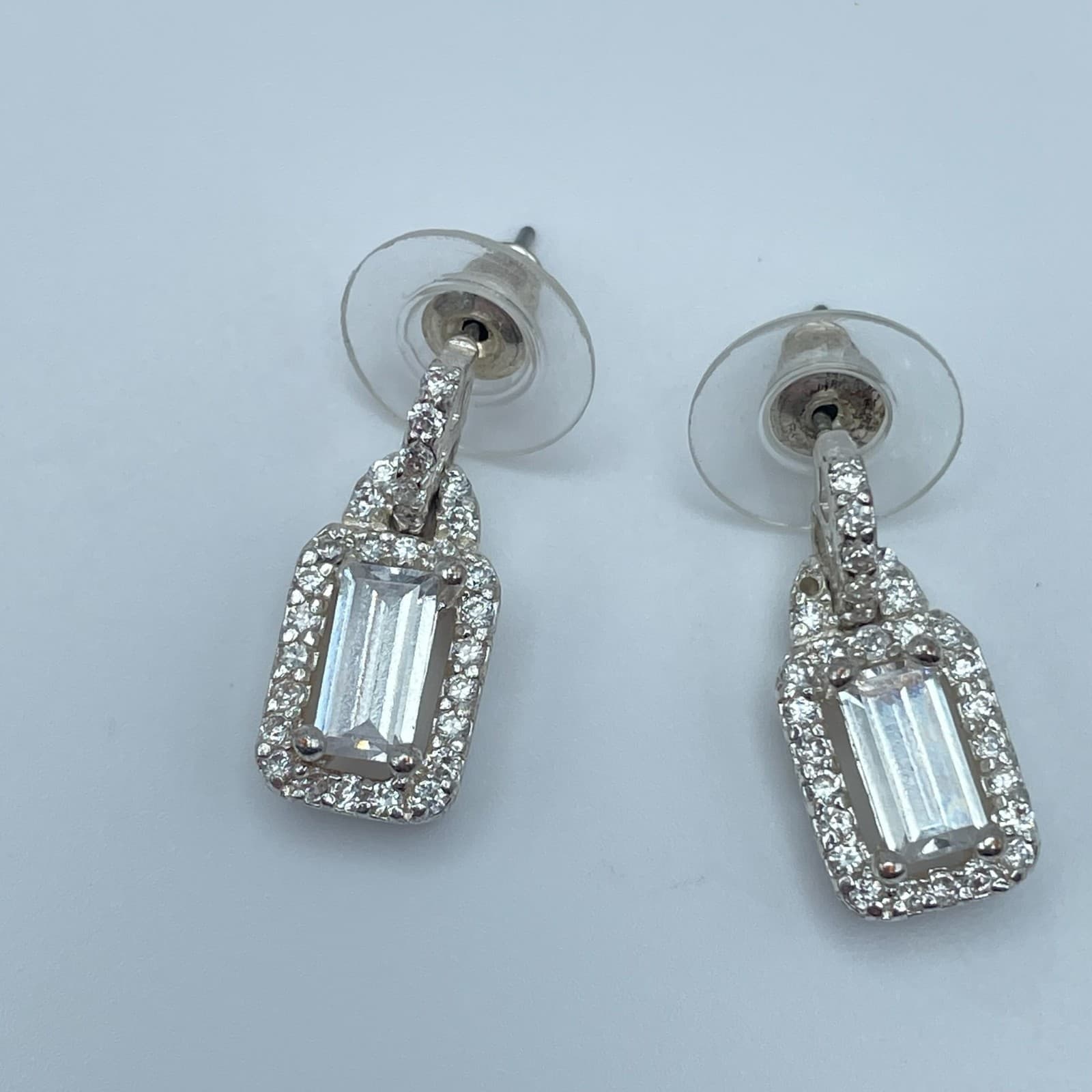 Vintage 80s 90s Silver Tone Emerald Cut Clear Glass Halo Dangle Drop Earrings - Image 1
