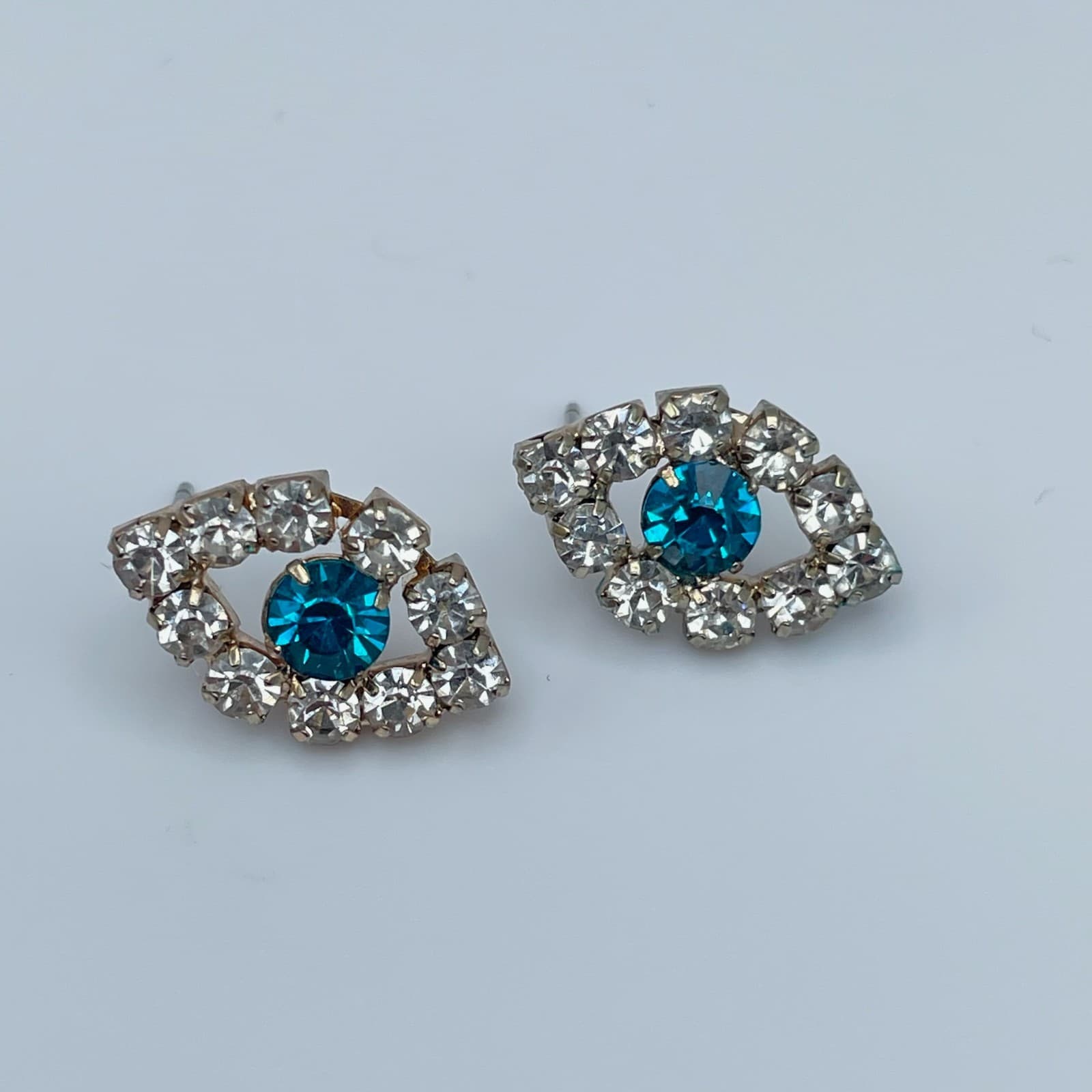 Vintage 80s Evil Eye Stud Earrings Blue Glass Rhinestone Silver Tone Fashion - Image 1