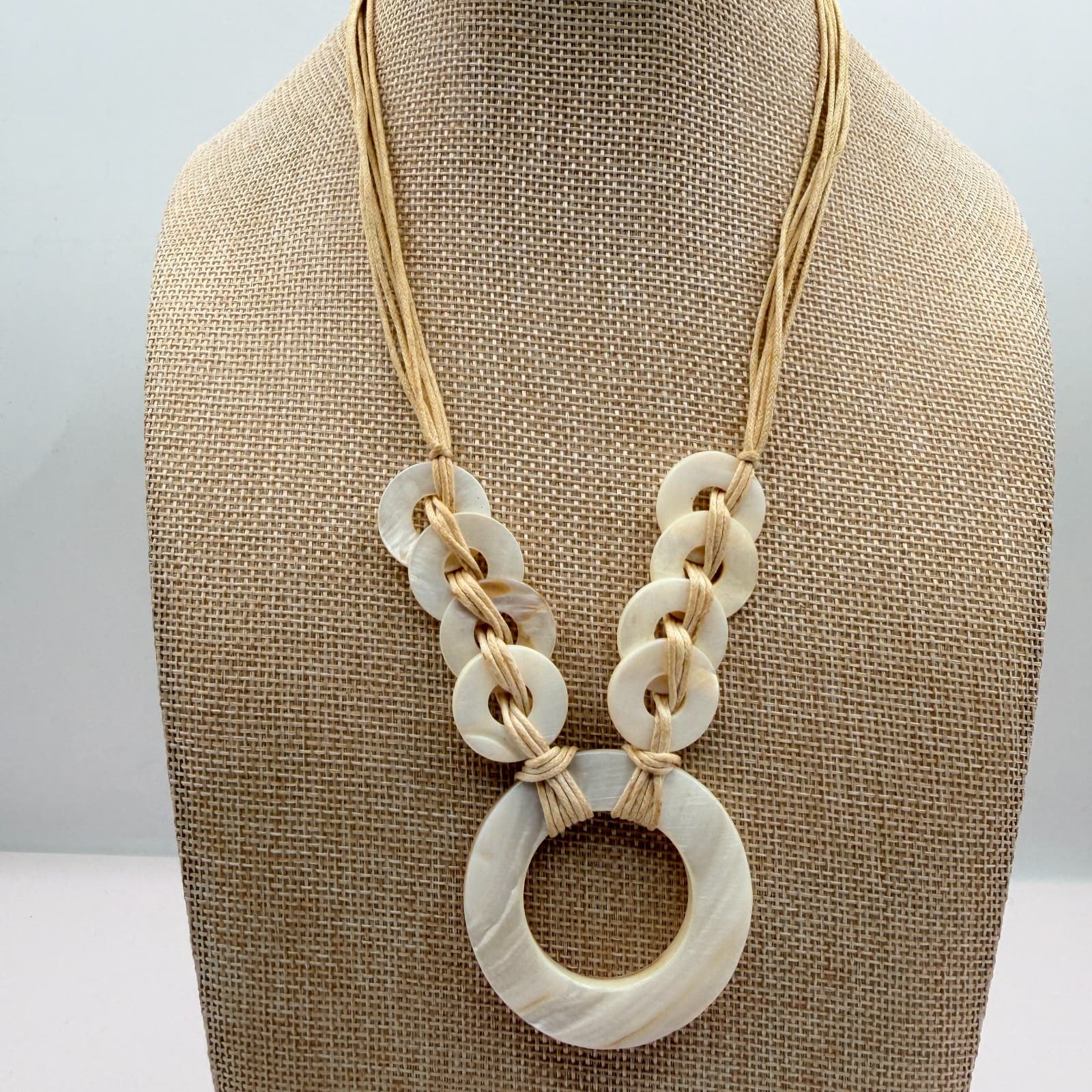 Vintage 90s Mother of Pearl Shell Pendant Necklace Cord Boho Fashion Jewelry - Image 1