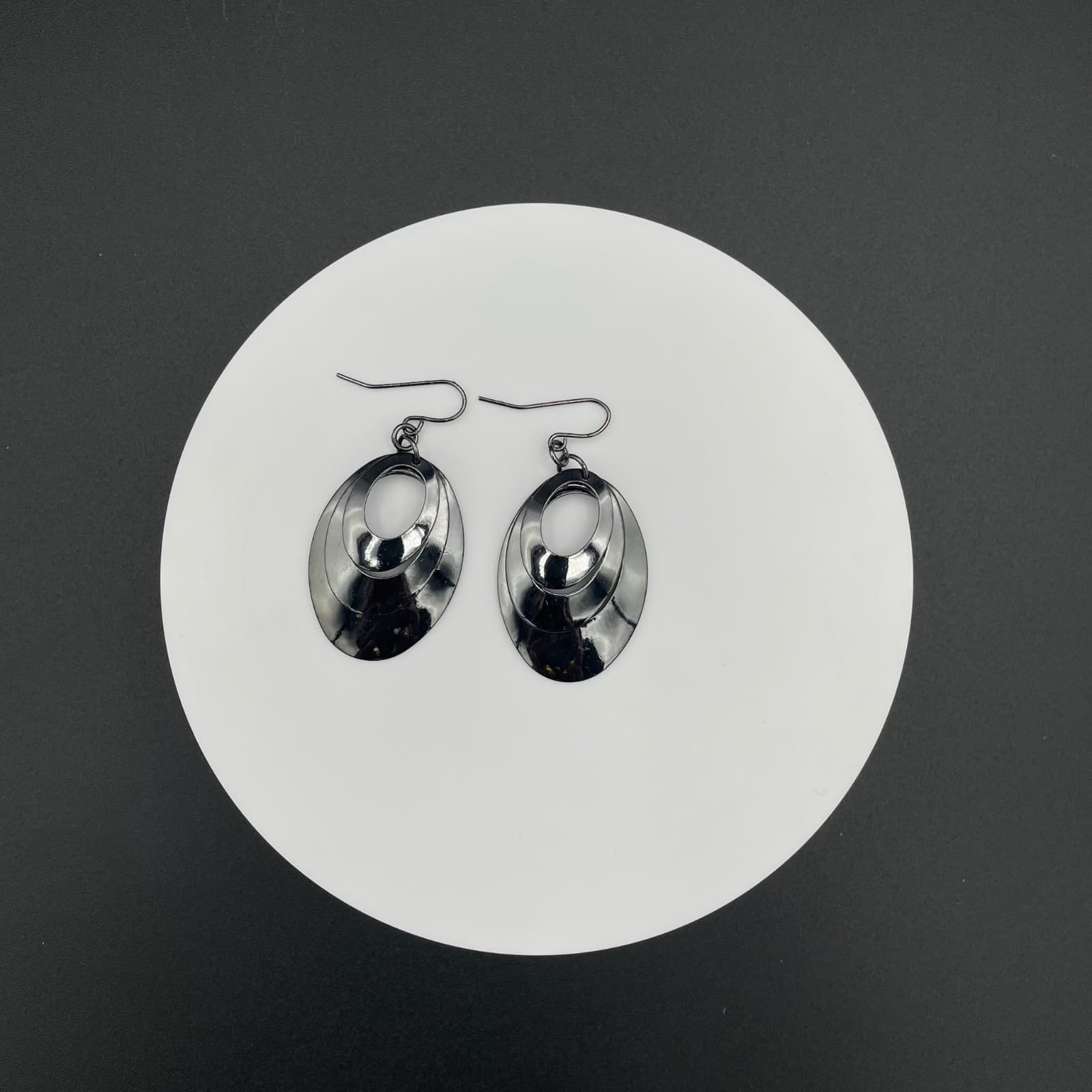 Vintage Modern Drop Dark Gunmetal Black Tone Oval Tiered Dangle Fishhook - Image 1