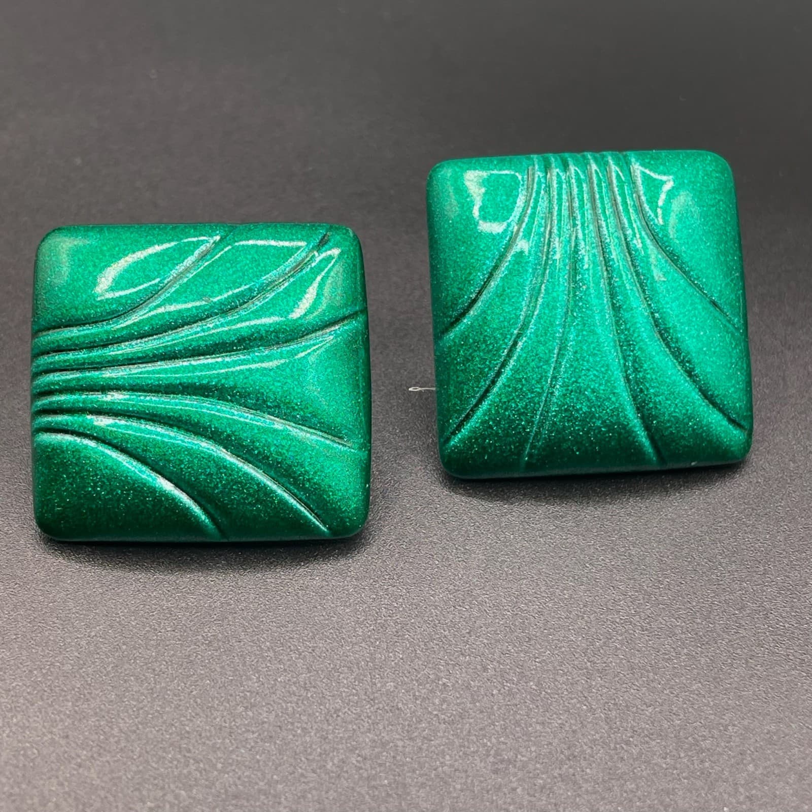 Vintage Square Green Metallic Clip-On Earrings Butterfly Back - Image 1