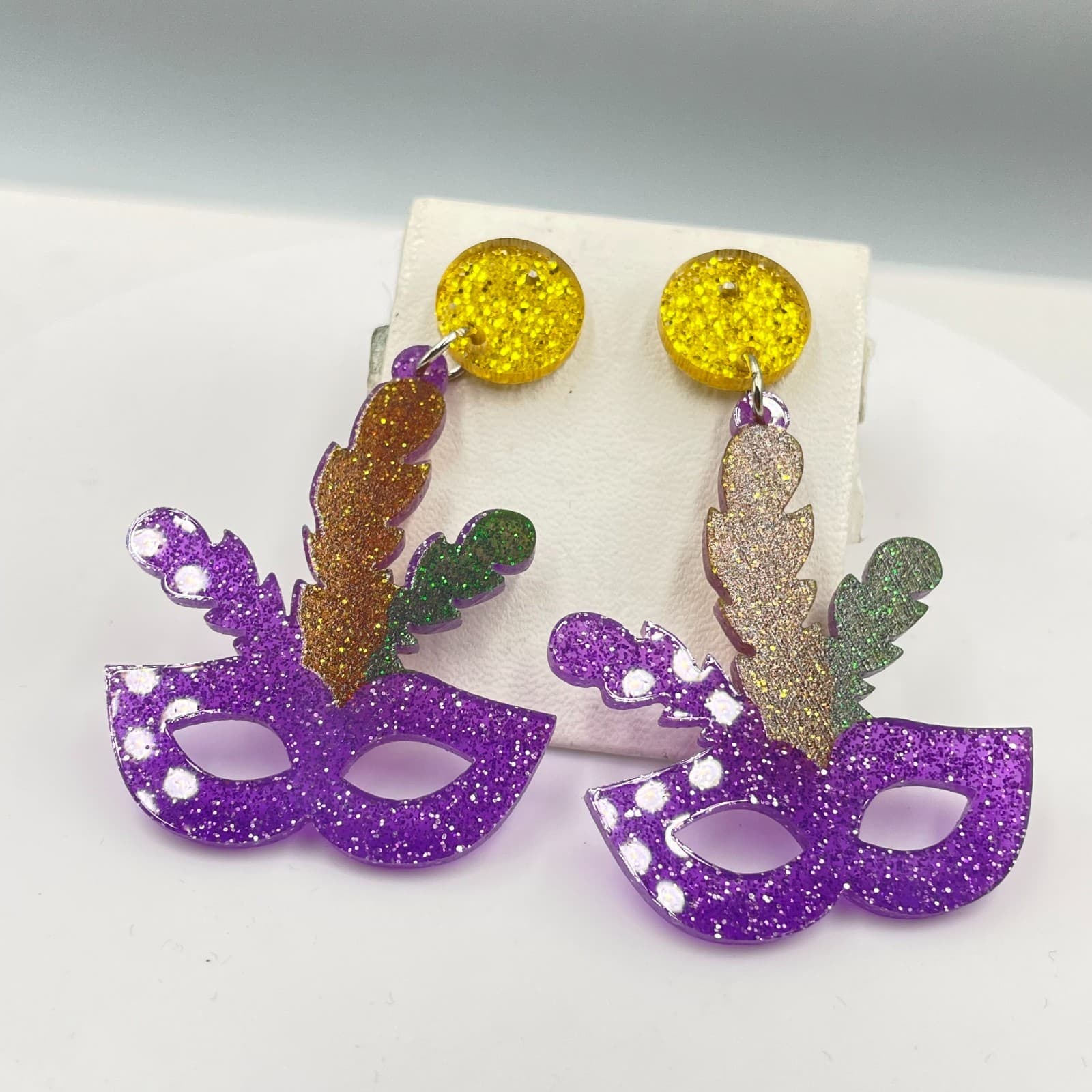 Traditional Mardi Gras Purple Yellow Masquerade Glitter Mask Dangle Earrings - Image 1