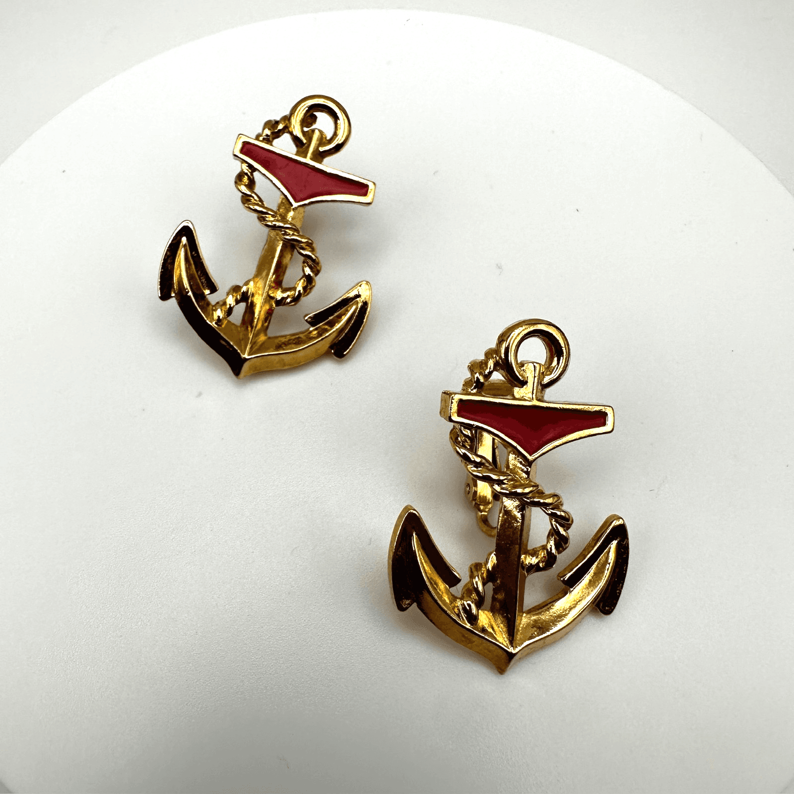 Vintage 90s Avon Anchors Aweigh Red Enamel Nautical Clip-On Earrings Jewelry - Image 1
