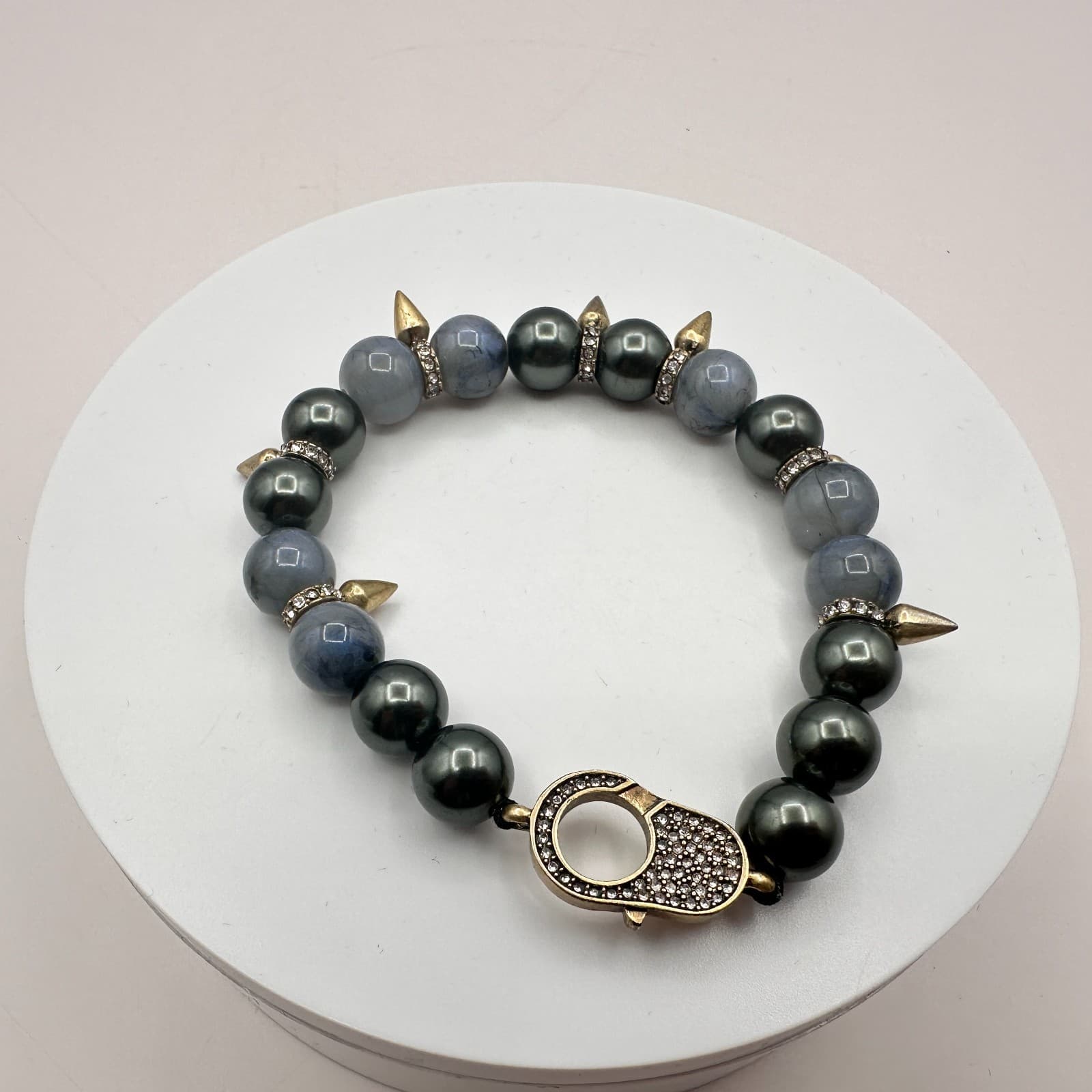 Vintage 80s Beaded Stretch Bracelet Slate Grey Hematite Gold Tone Spikes Jewelry - Image 1