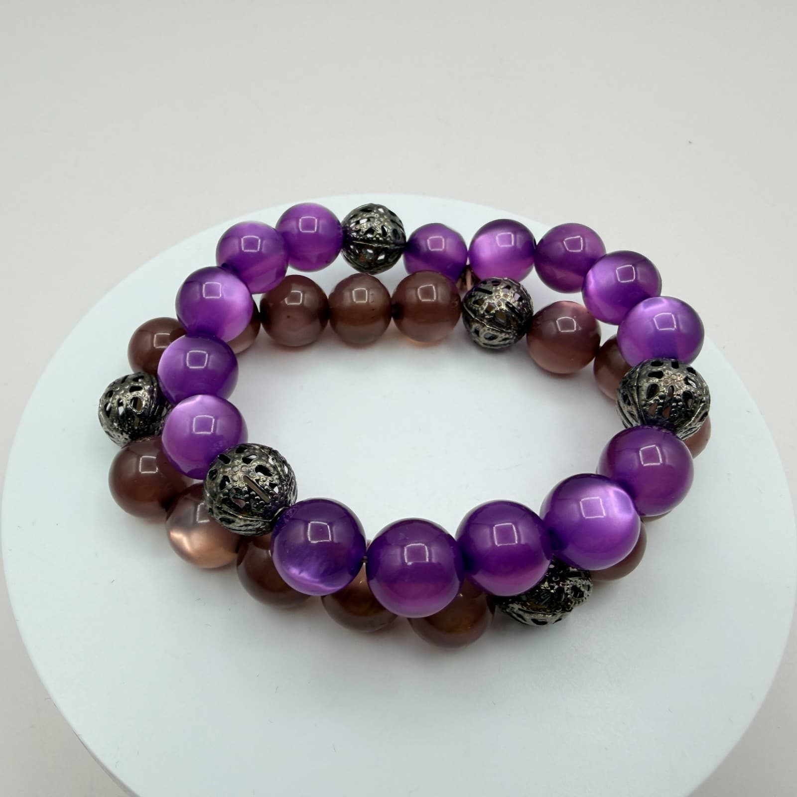 Vintage Y2K Silver Tone Beaded Stretch Bracelet Set Women's Classic Jewelry - Image 1