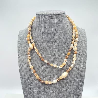 Vintage Cream Assorted Nassa Cowrie Seashells Beaded Double Stranded Necklace - Image 1