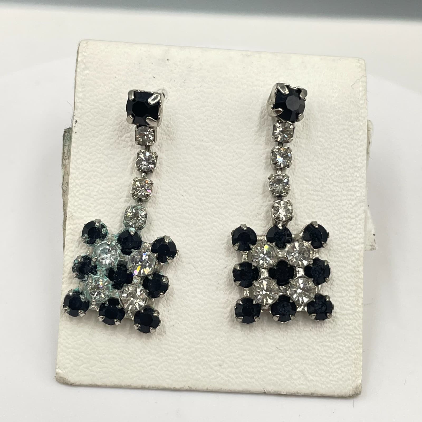 Vintage Silver-Tone Glamour Prong Rhinestone Beads Checkerboard Dangle Earrings - Image 1