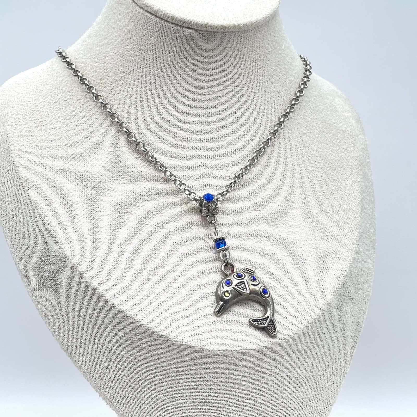 Vintage Silver-Tone Rolo Chain Blue Glass Beads Dolphin Pendant Lobster Necklace - Image 1