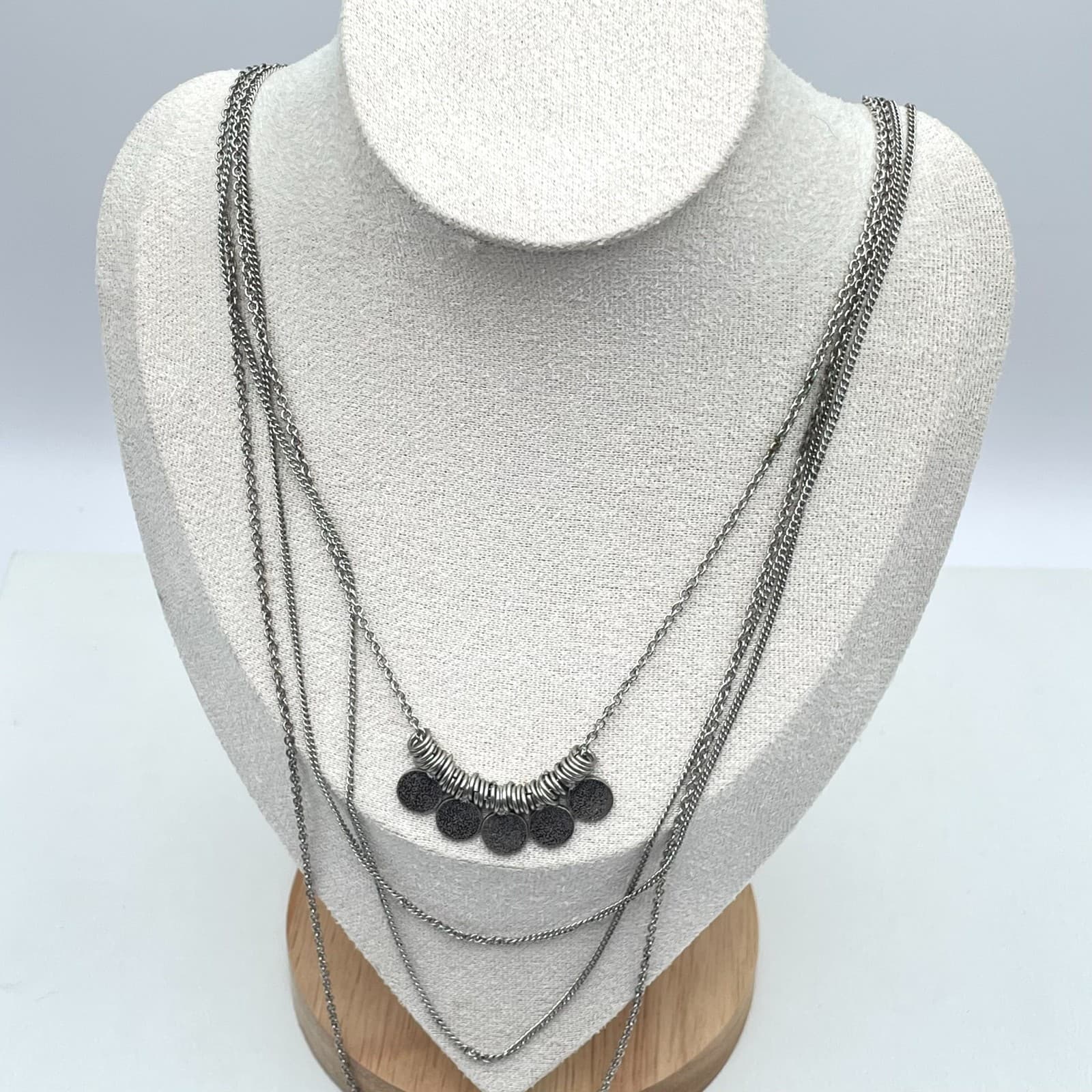 Bohemian Silver-Tone Multi-Strand Hammered Disc Coin Pendants Layered Necklace - Image 1