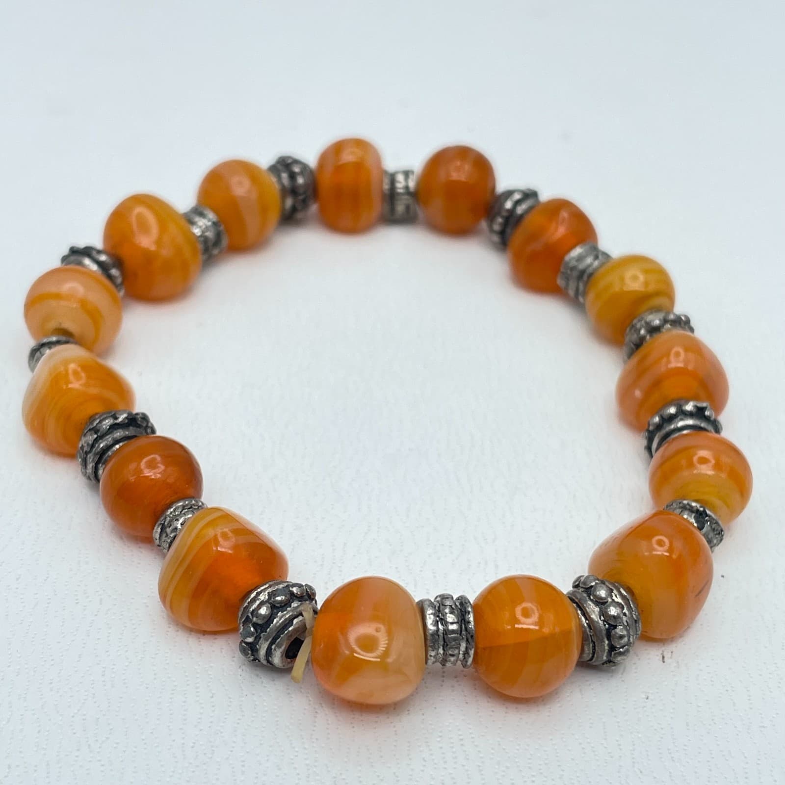 Tibetan-Style Silver-Tone Oxidized Metal Orange Agate Beads Stretch Bracelet - Image 1