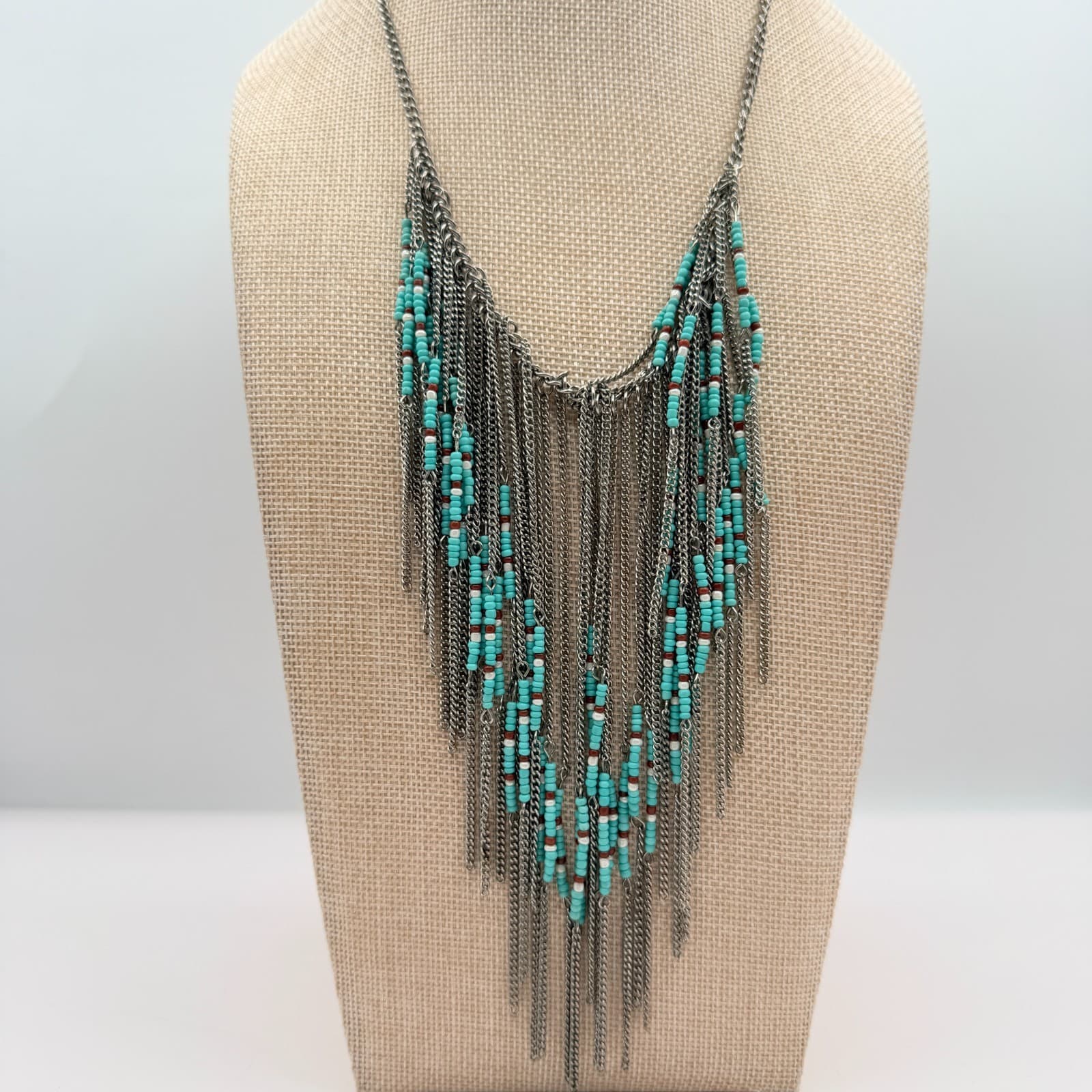 Vintage 90s Multi Strand Silver Tone Fringe Necklace Glass Beaded Boho Jewelry - Image 1