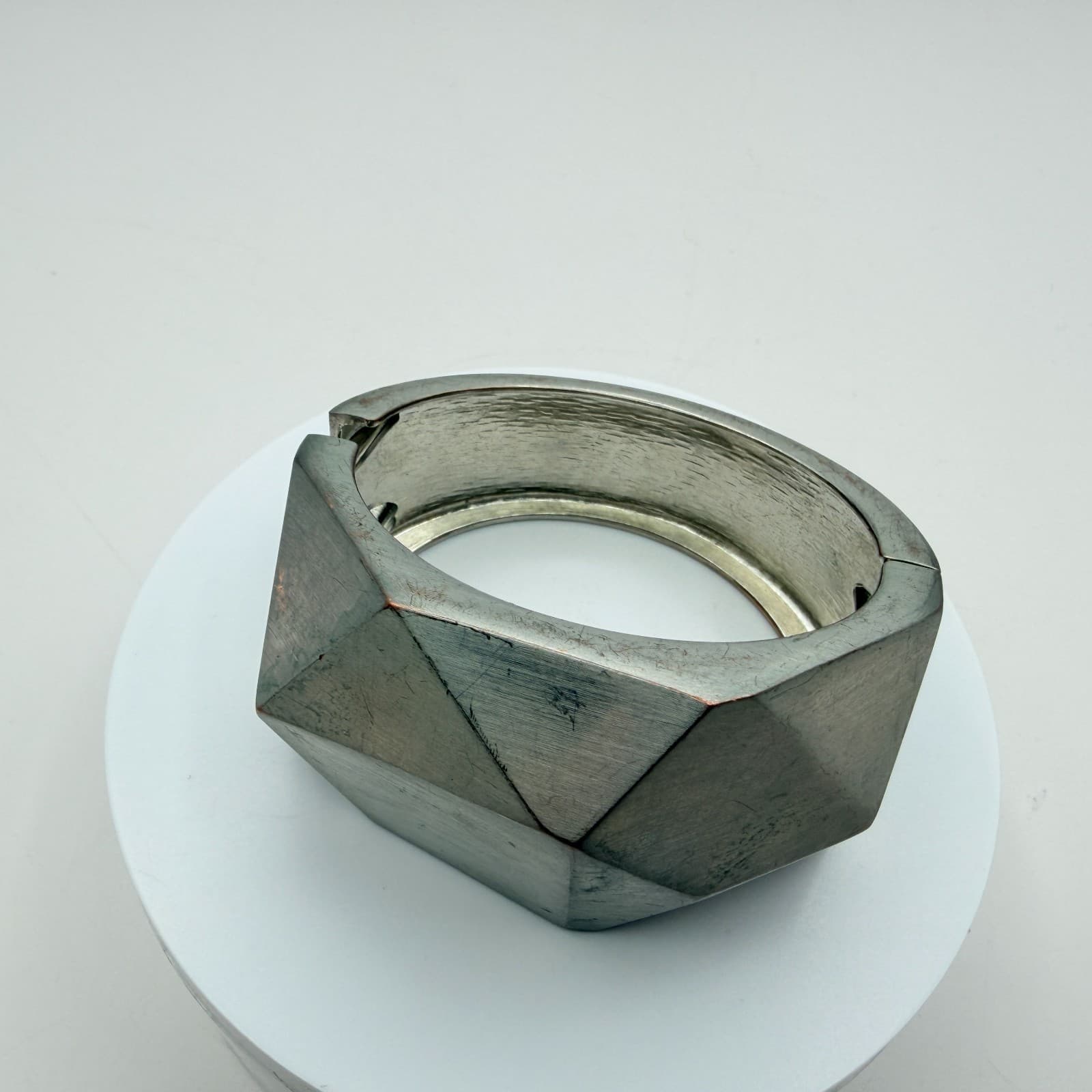 Vintage 90s Silver Tone Wide Cuff Bracelet Geometric Chunky Fashion Jewelry - Image 1