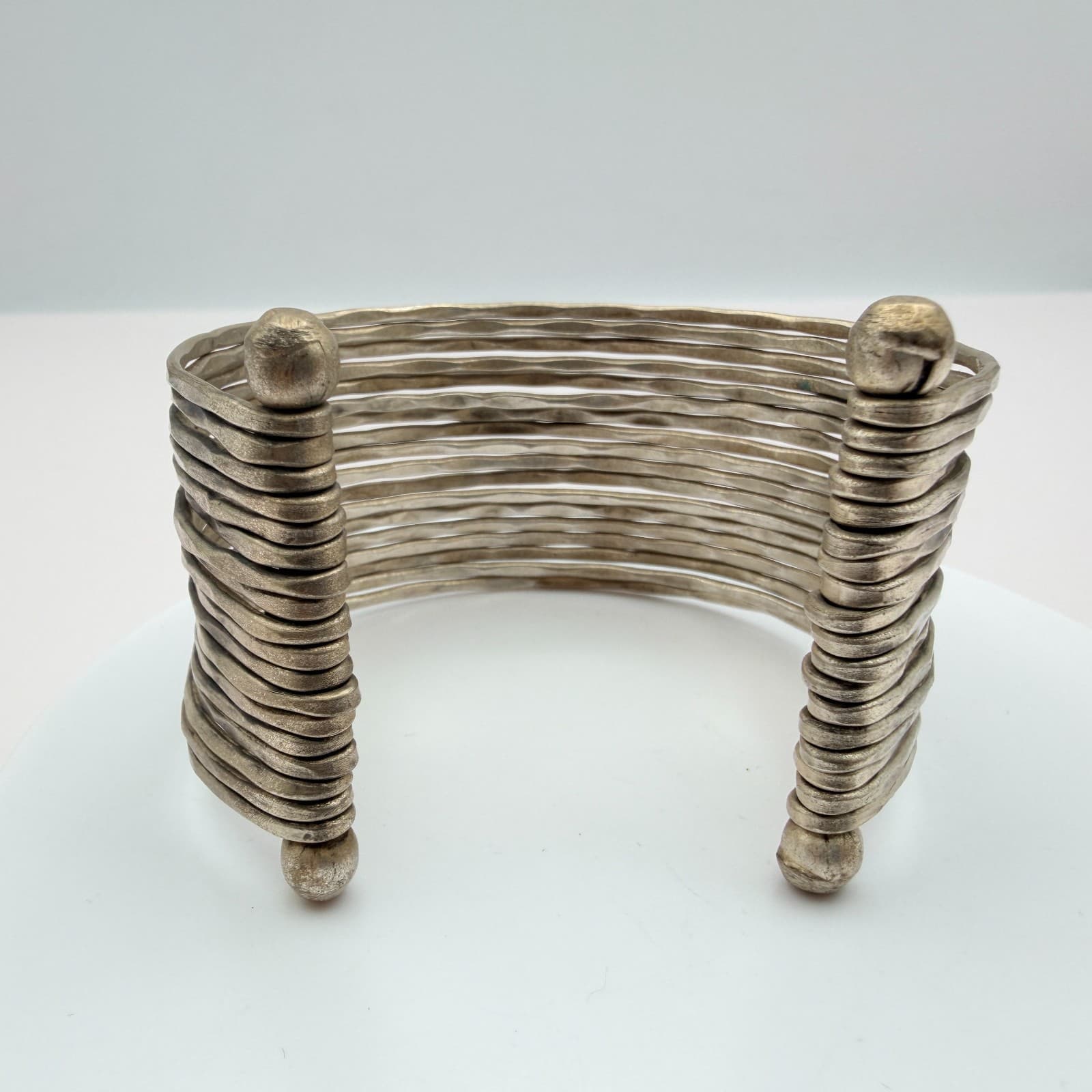 Vintage 90s Silver Tone Wide Cuff Multi Strand Bracelet Women's Boho Jewelry - Image 1