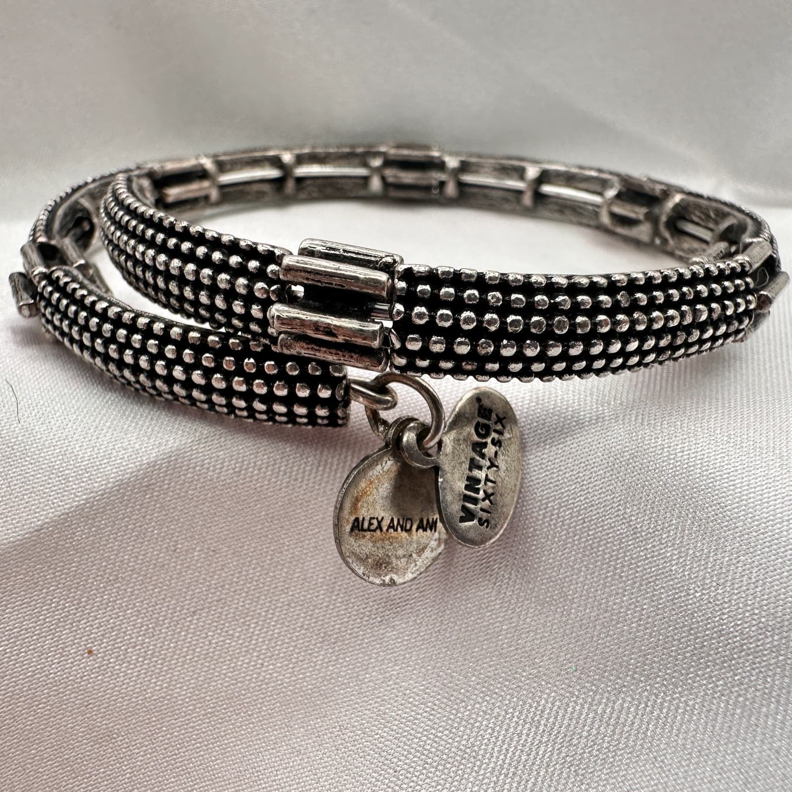 Vintage 60s Alex and Ani Silver tone Textured Bangle Bracelet Fashion Jewelry - Image 1