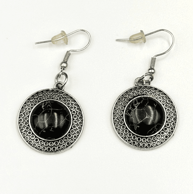Vintage Round Black Stone Silver-Toned Bohemian Dangle Drop Hook Earrings - Image 1