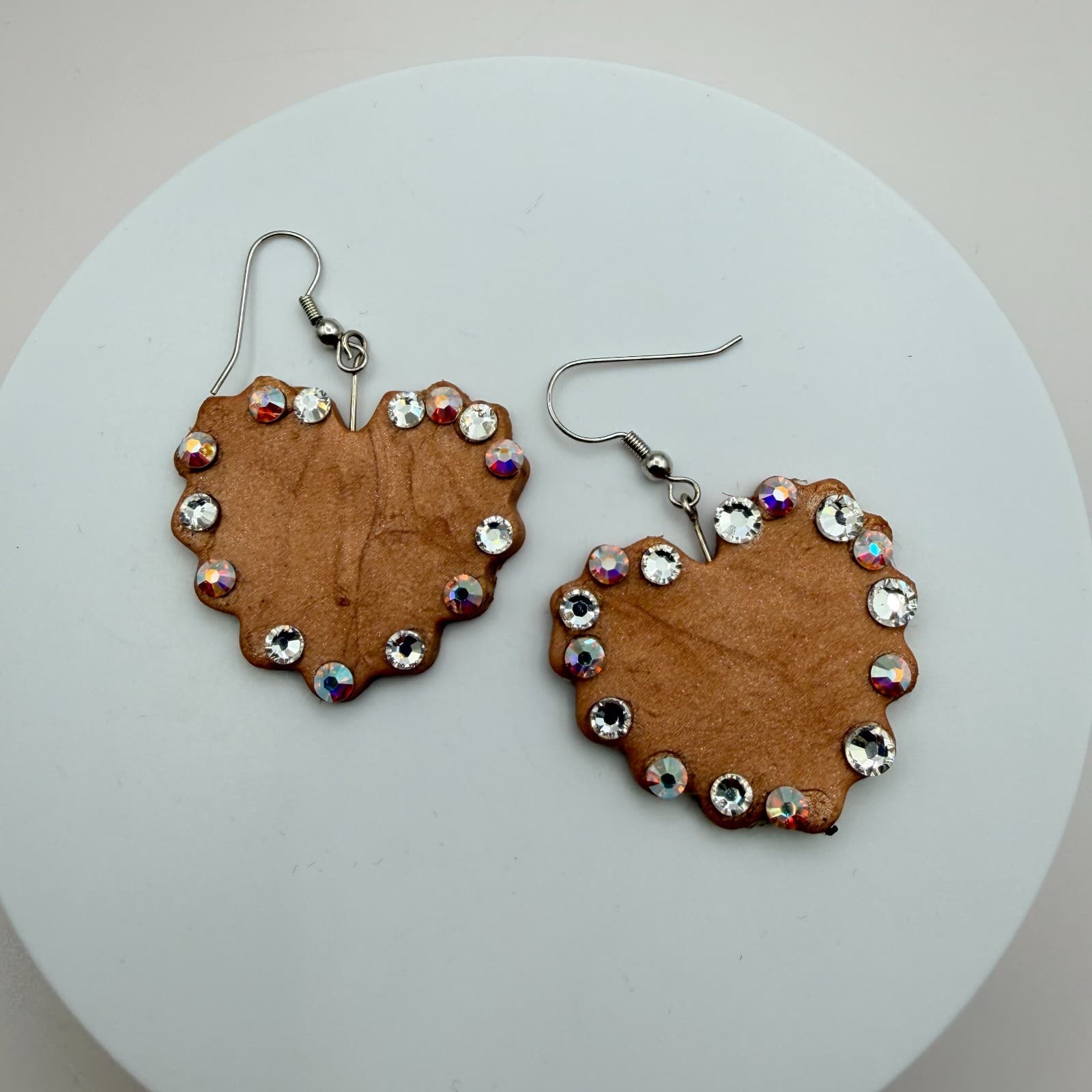 Vintage 90s Heart Dangle Earrings Leather Style Glass Rhinestone Women's Jewelry - Image 1