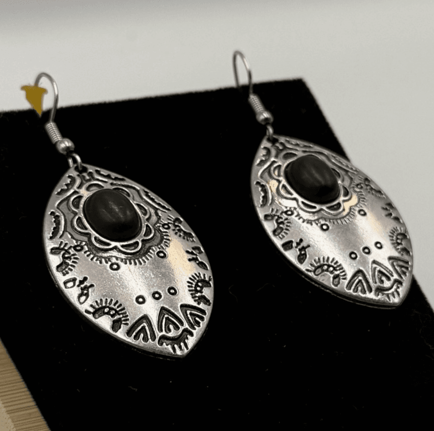 Vintage Ethnic Black Onyx Stone Silver-Toned Fashion Hook Dangle Earrings - Image 1
