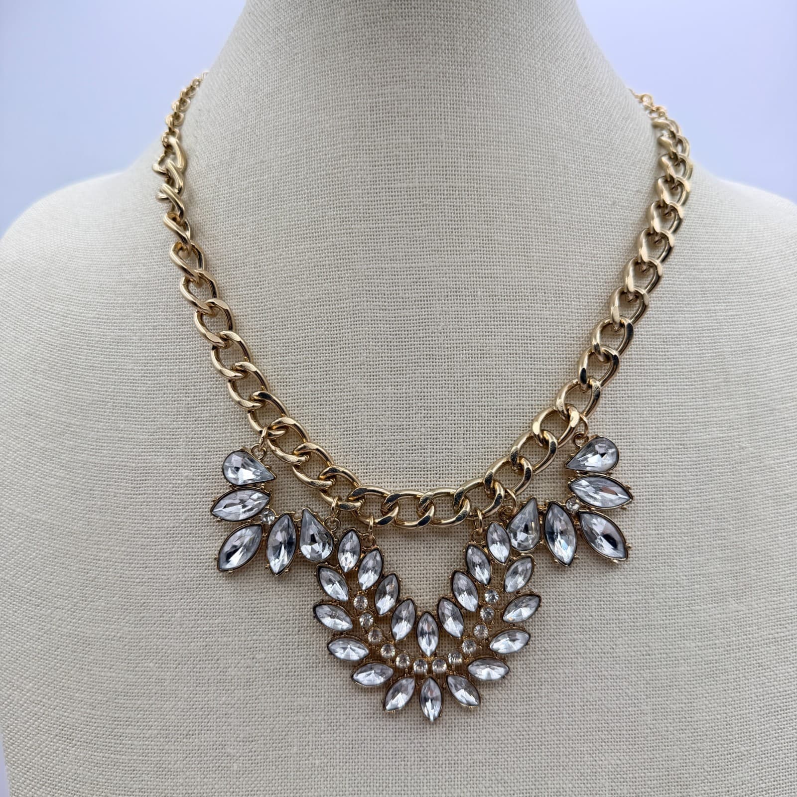 Vintage 90s Gold Tone Statement Necklace Clear Glass Marquise Bib Boho Jewelry - Image 1