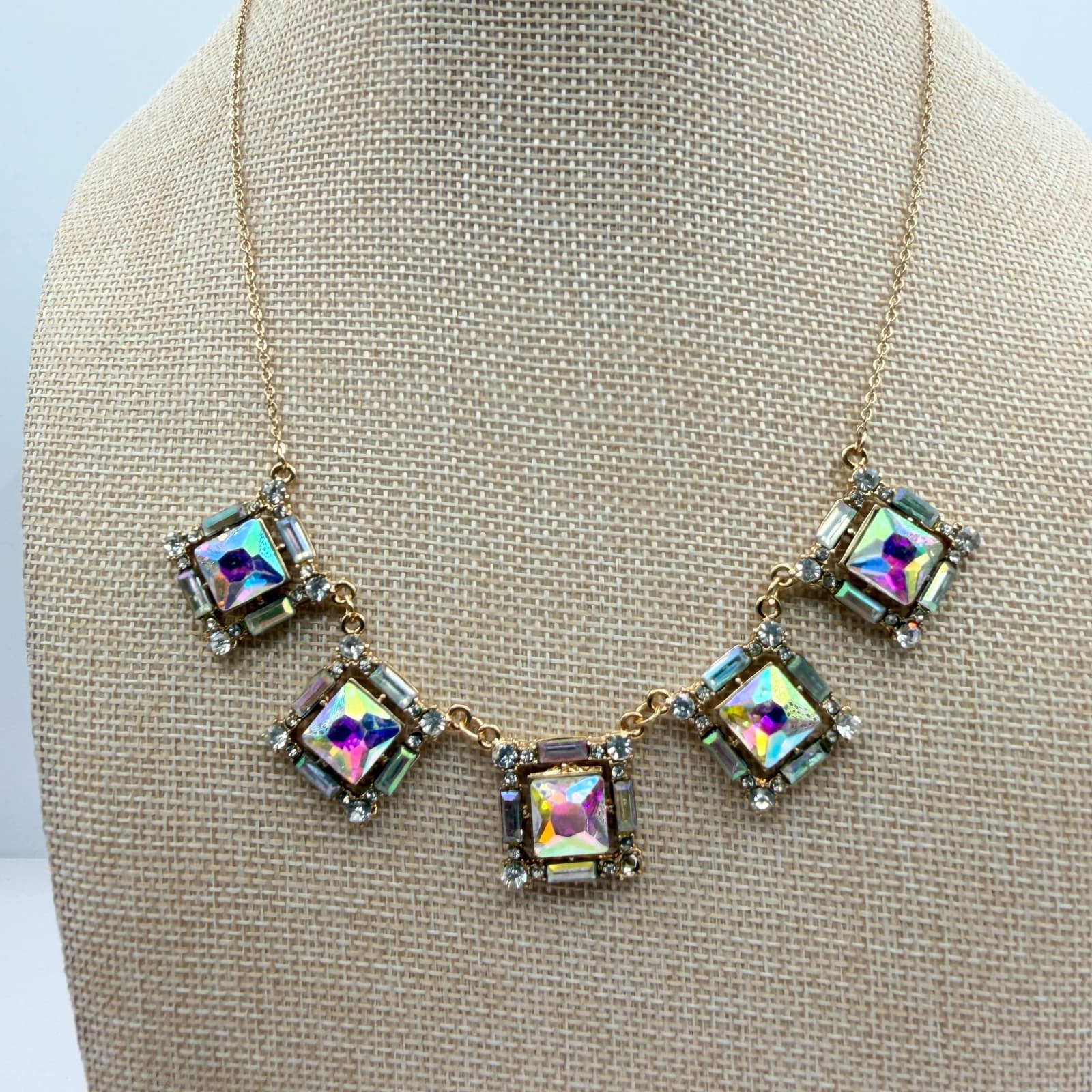Vintage 80s Borealis Rhinestone Square Choker Statement Necklace Classic Jewelry - Image 1