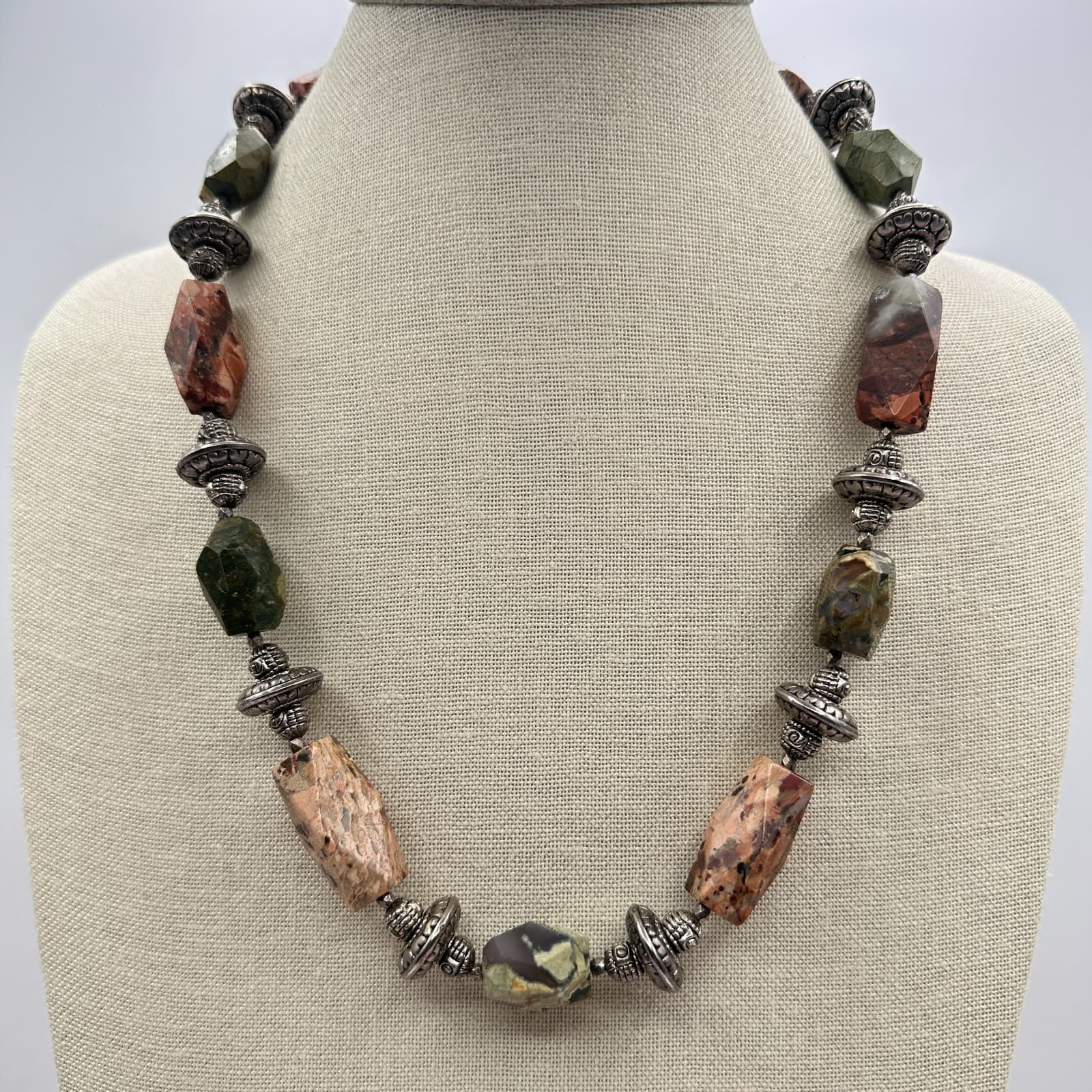 Vintage 80s Leopard Skin Jasper Beaded Statement Necklace Silver Tone Jewelry - Image 1