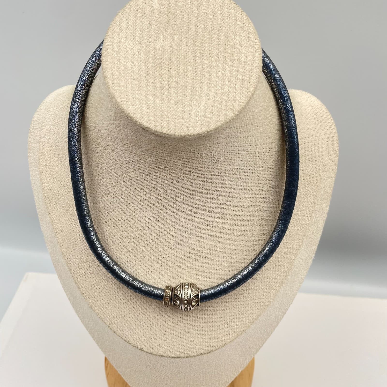 Vtg Brighton Metallic Blue Pewter Leather Necklace Crystal Rhinestone Charm Bead - Image 1