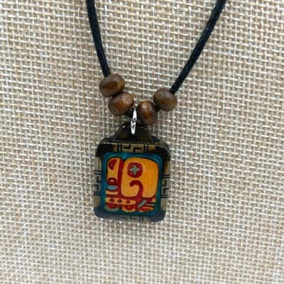 VTG Adjustable Cord Tribal Style Square Maya glyph Pendant Necklace Wood Beads - Image 1