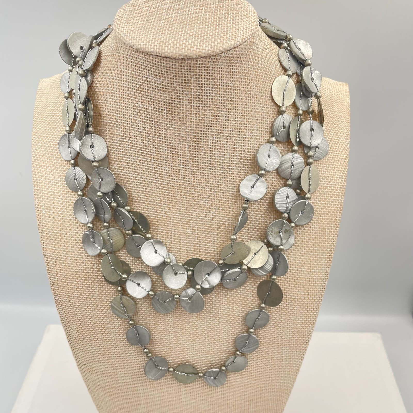 Vintage Statement Multi Strand Silver Coin Necklace Bohemian Layered Shell Disk - Image 1