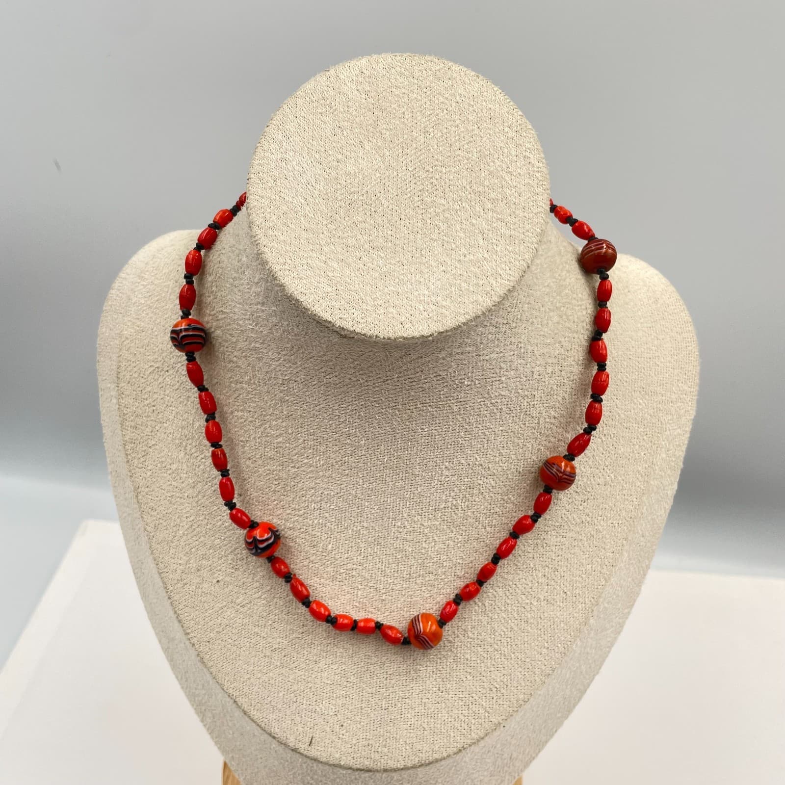 Vintage Venetian Glass Trade Beaded Necklace Red White Hearts African Swirl - Image 1