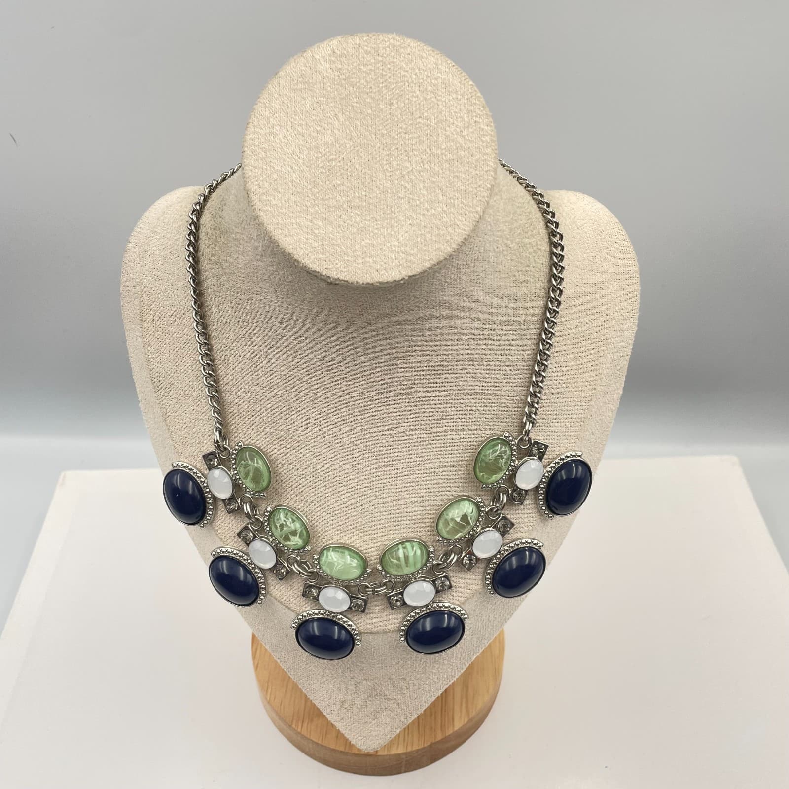 Vintage New York Necklace Silver Tone Blue Green White Cabochon Statement Bib - Image 1