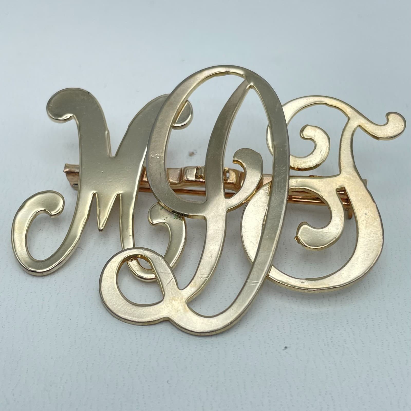 Vintage 80s Monogram MGS Script Large Charm Brooch Pin Gold Tone Jewelry - Image 1