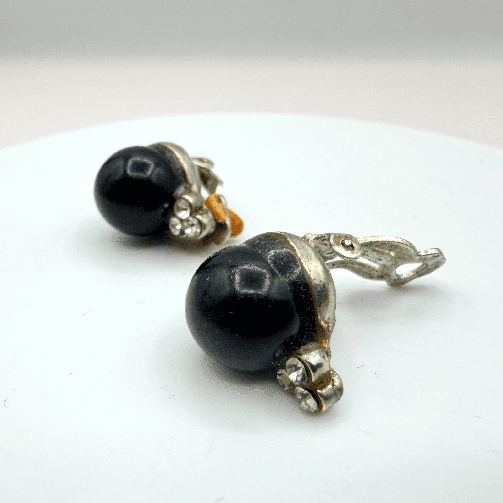 Vintage Y2K Silver Tone Black Orb Rhinestone Earrings Women's Classic Jewelry - Image 1