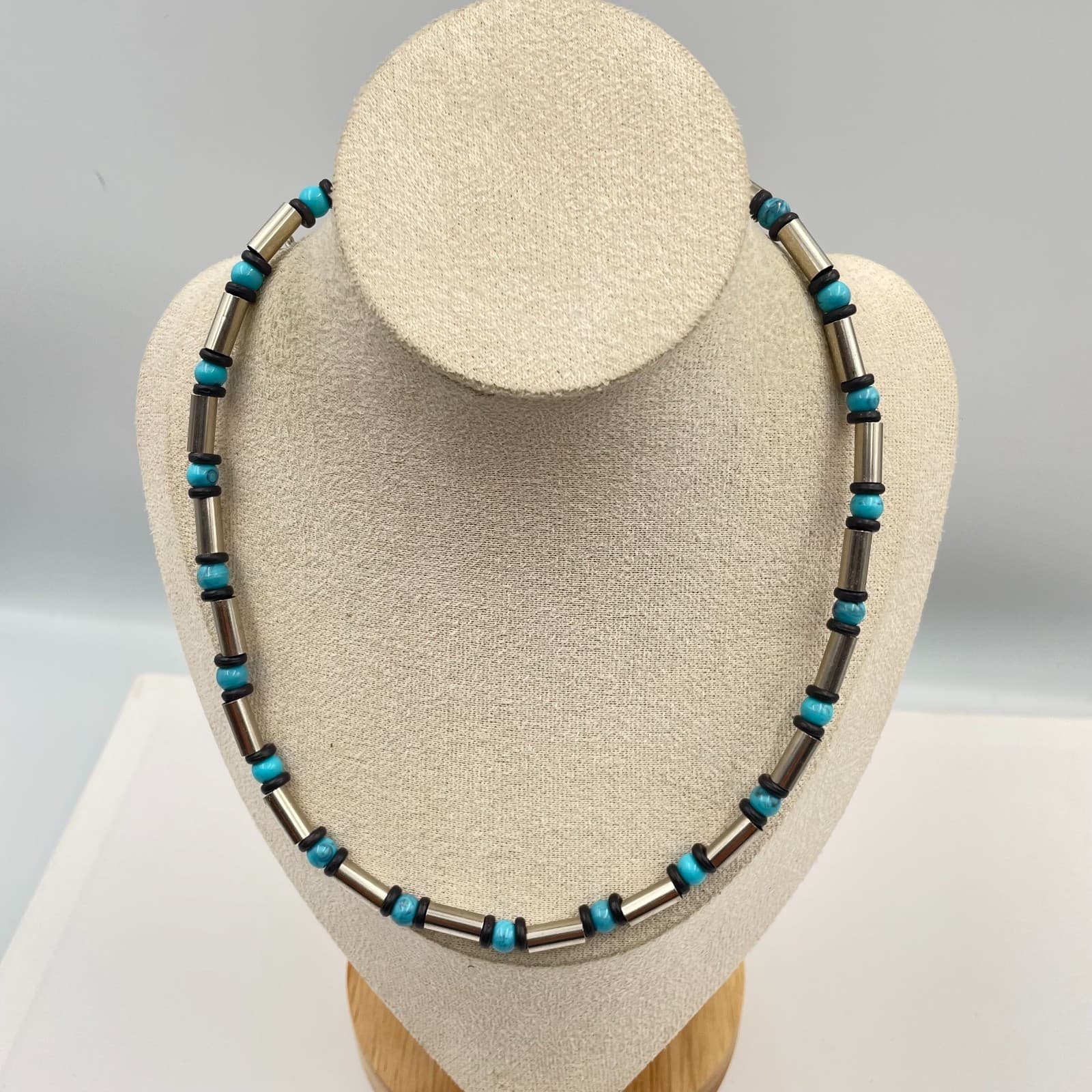 Vintage Turquoise Liquid Silver Bead Necklace Southwestern Boho Choker Statement - Image 1