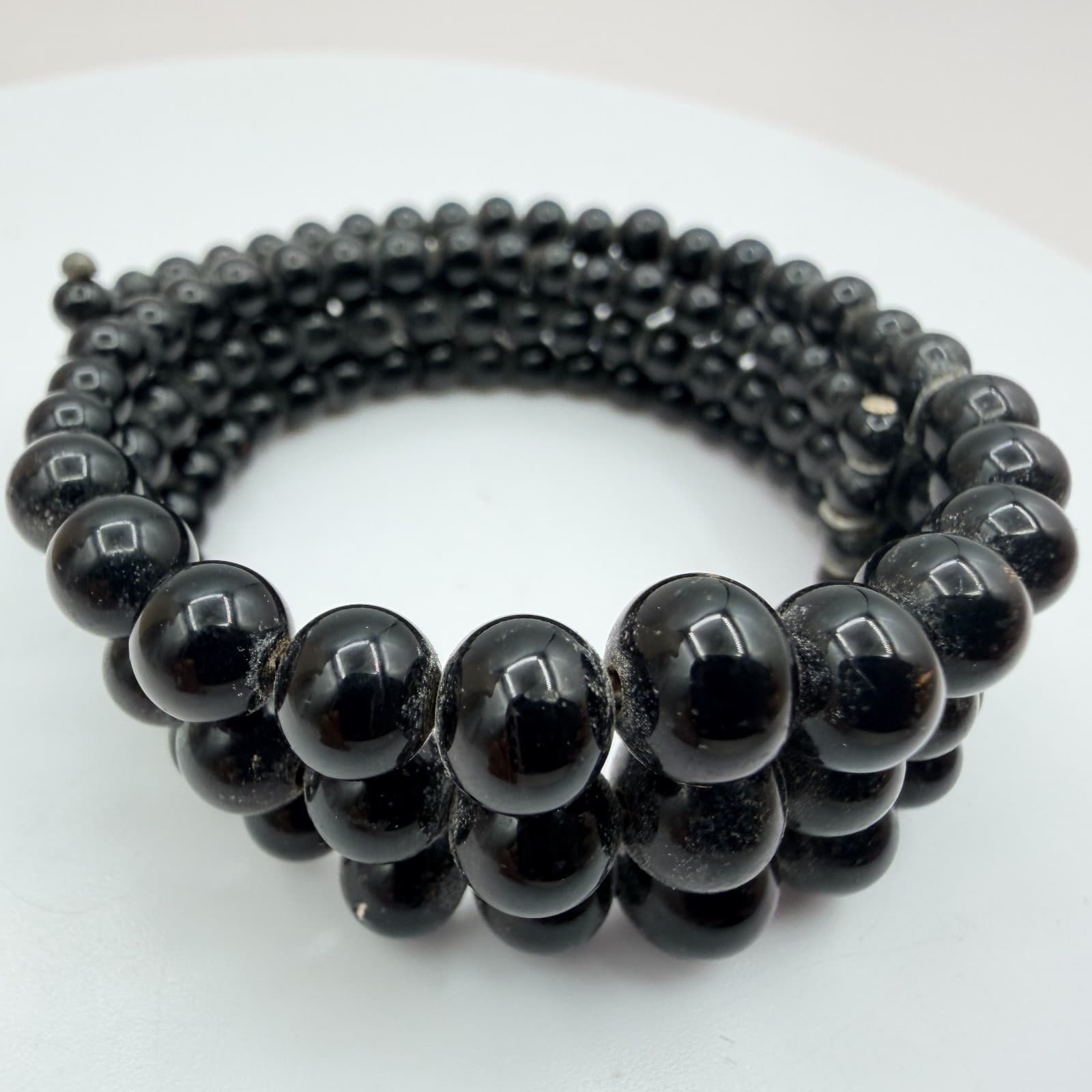 Vintage 90s Black Beaded Memory Wire Wrap Bracelet Women's Classic Jewelry - Image 1