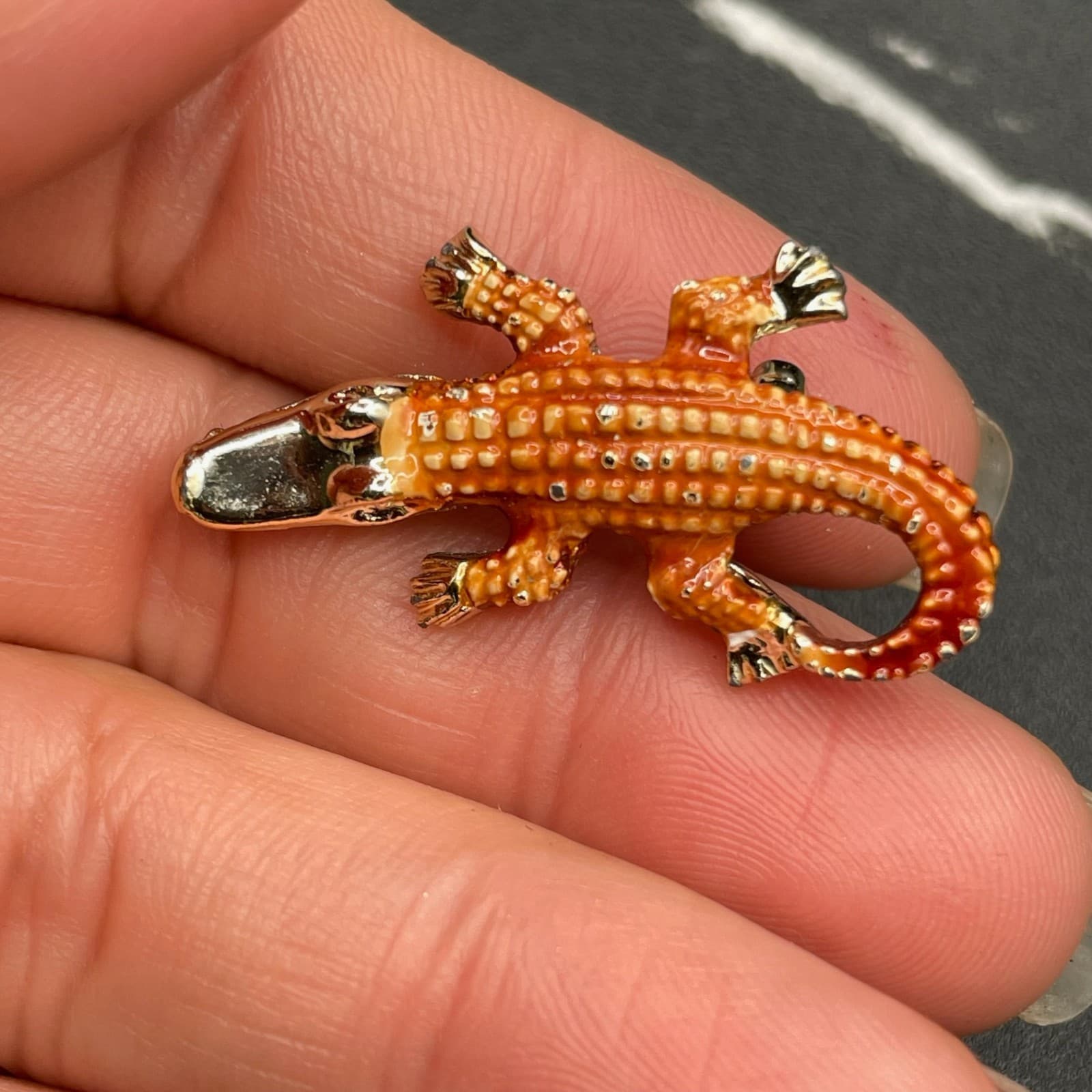 Vintage Orange Painted Alumnium Classic Enamel Crocodile Figure Charm Brooch Pin - Image 1
