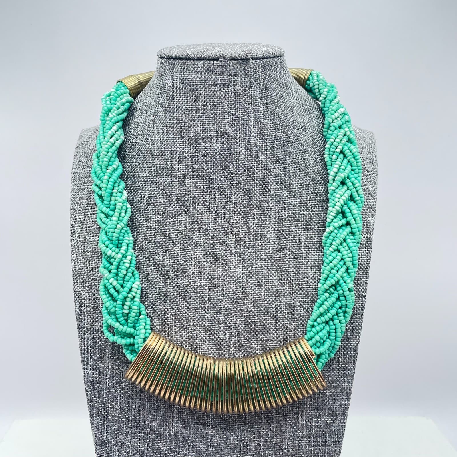Vintage Y2k Turquoise or mint green braided seed bead statement necklace Jewelry - Image 1
