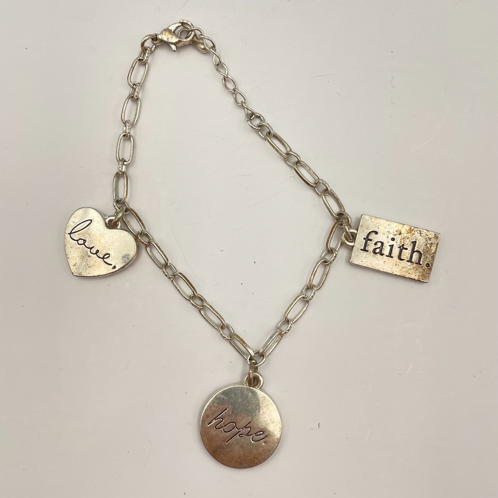 Vintage 90s Silver Charm Bracelet Faith Hope Love Paperclip Chain Dainty Jewelry - Image 1