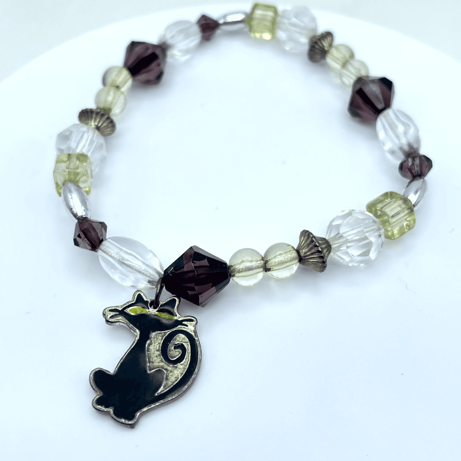 Contemporary Gold-Tone Classic Stretch Faceted Glass Beaded Cat Charm Bracelet - Image 1