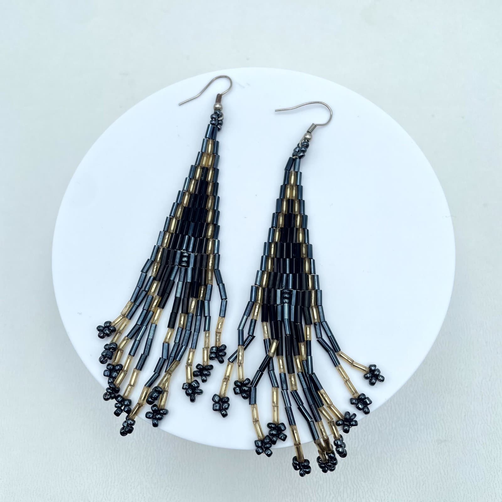 Boho-Chic Modern Gold-Tone Black Handcrafted Seed Beads Fringe Hook Earrings - Image 1