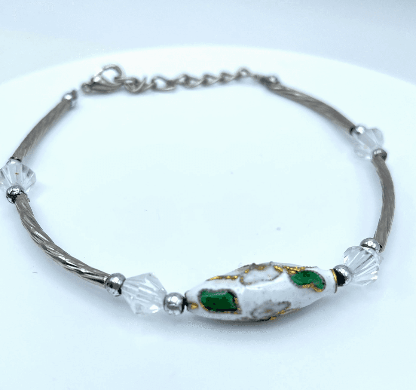 Vintage Silver-Tone Adjustable Faceted Glass Floral Ceramic Bead Chain Bracelet - Image 1