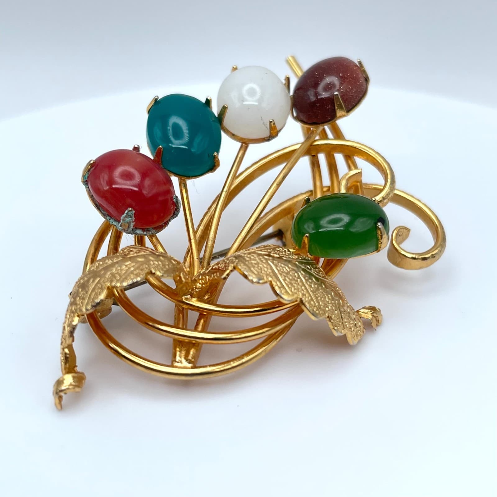 Vintage 90s Gold Tone Cabochon Stone Floral Bouquet Brooch Pin Women's Jewelry - Image 1