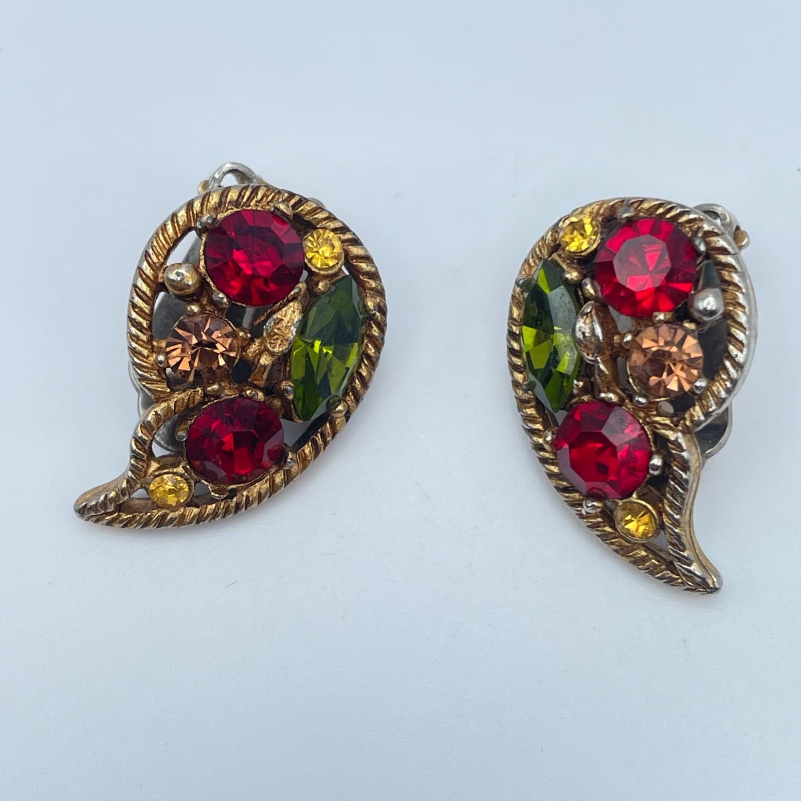 Vintage 80s Red/Green Rhinestone Clip On Earrings Statement Women's Jewelry - Image 1