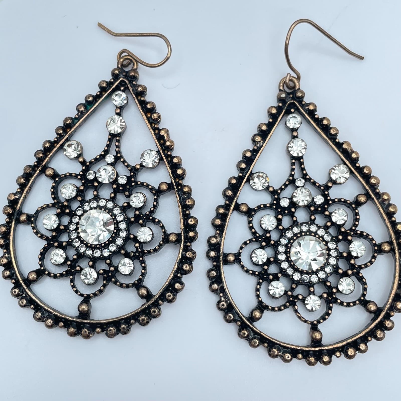 Vintage 90s Clear Glass Bronze Tone Filigree Teardrop Dangle Earrings Jewelry - Image 1